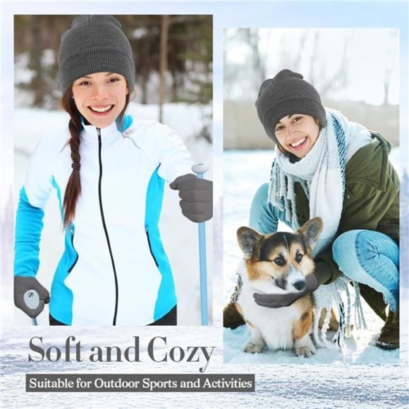 2 Pcs Shiny Match Winter Beanie Hat Gloves Set, Soft Knitted Hat Stretchy Gloves - Picture 5 of 8